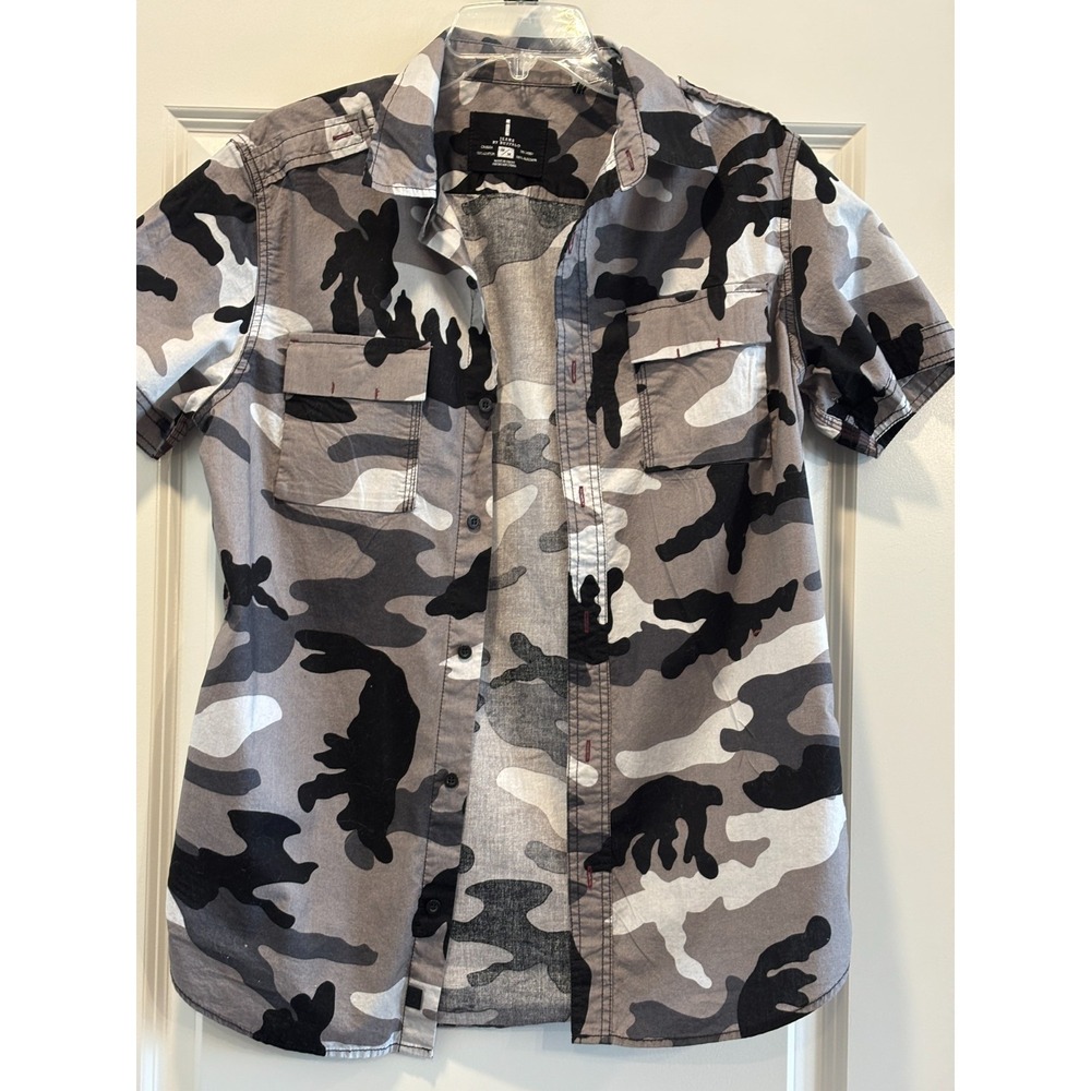 Buffalo Jeans Shirt Mens Medium Gray Black‎ Camouflage Cotton Casual Button Up